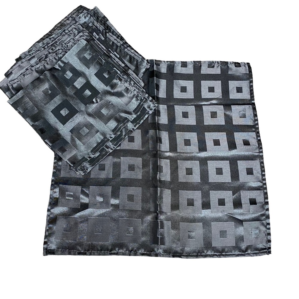 Set of 12 dinner napkins. Black with Silver square accents.  Perfect for NYE